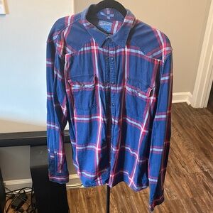Lucky Brand Navy and Red Plaid Men's Shirt
